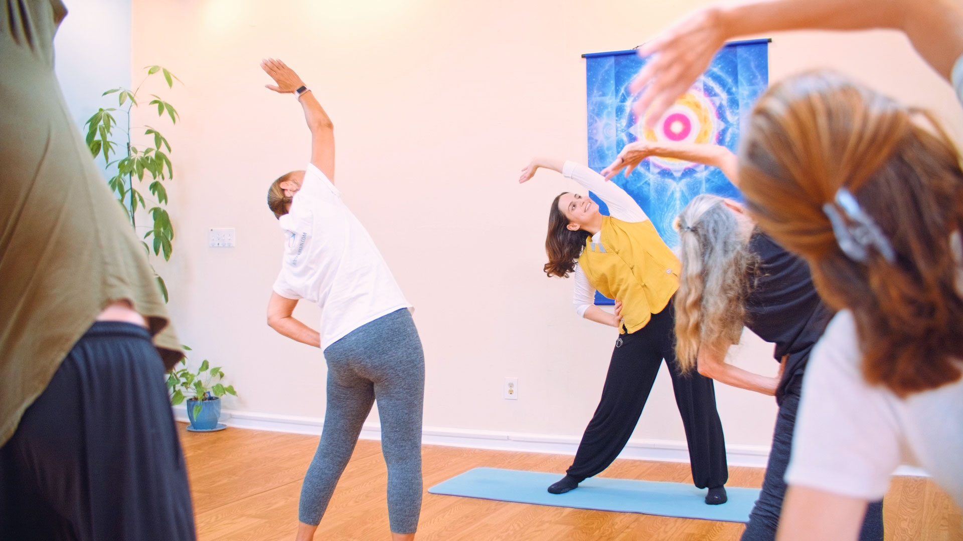 stretching woman with a class of people